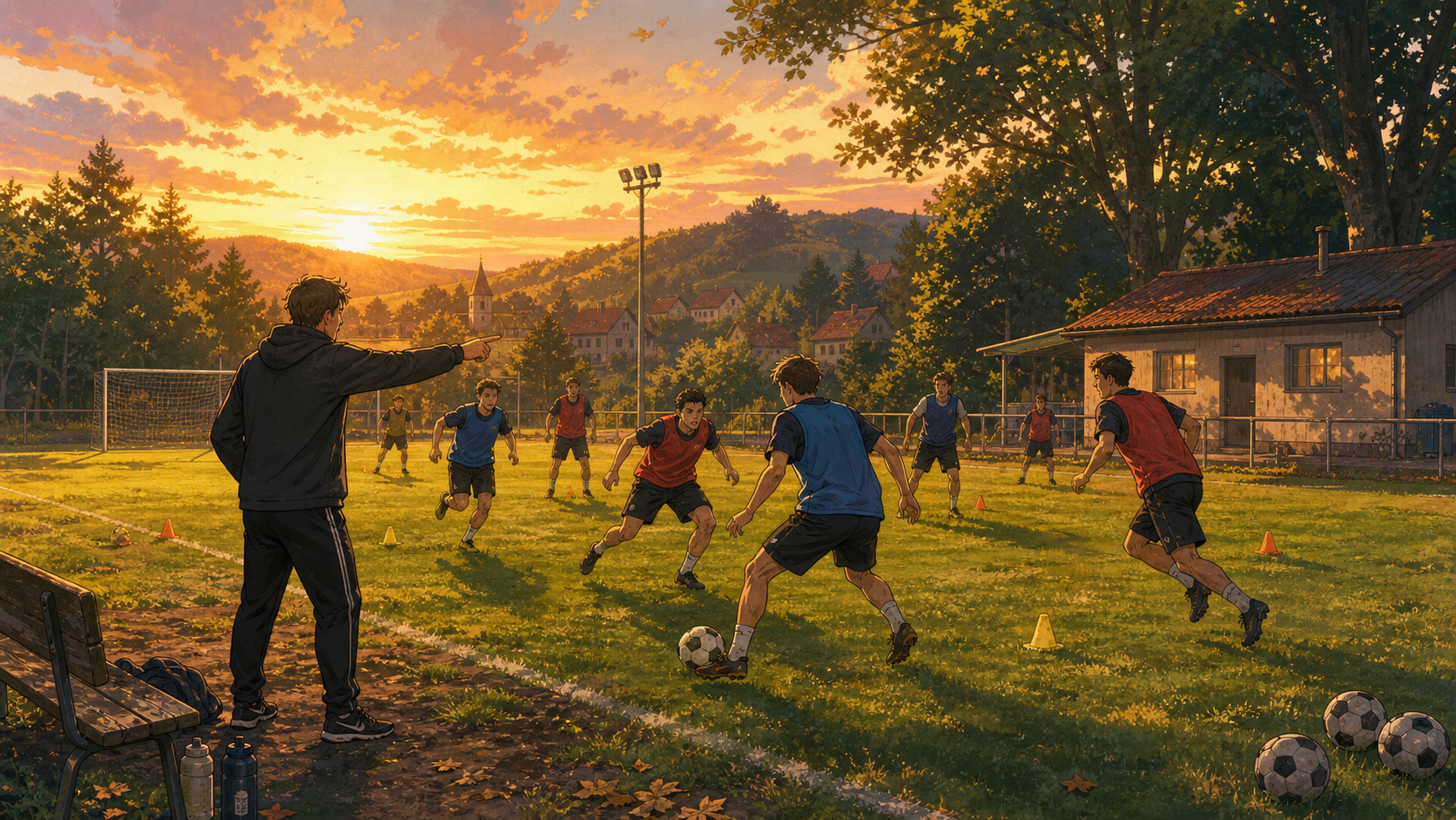 Handgemalte Illustration eines Amateurteams beim Pressing-Training auf einem Dorfplatz im Abendlicht.