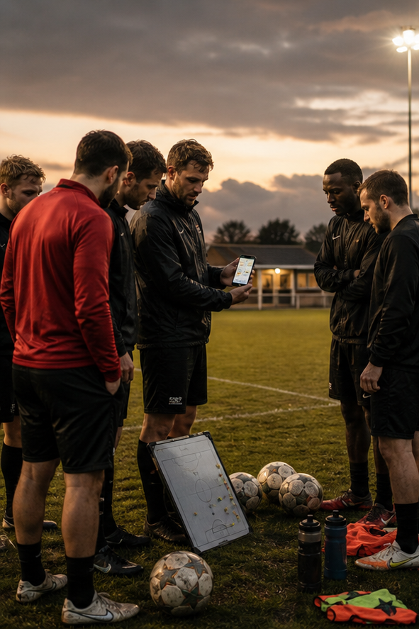 Amateurspieler stehen bei Abendlicht am Spielfeldrand zusammen und schauen auf ein digitales Playbook.