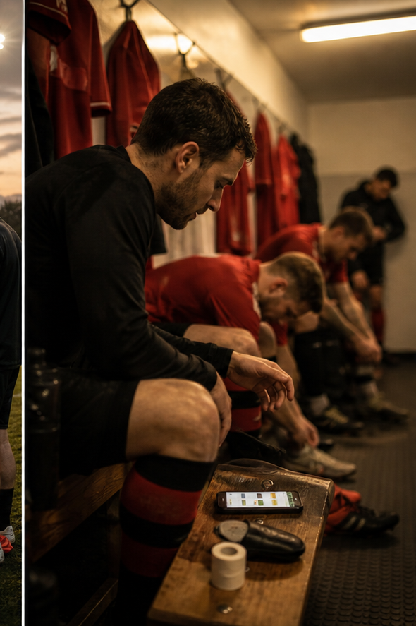 Amateurspieler nach dem Spiel mit Handy und ruhiger Vereinsabend-Stimmung.